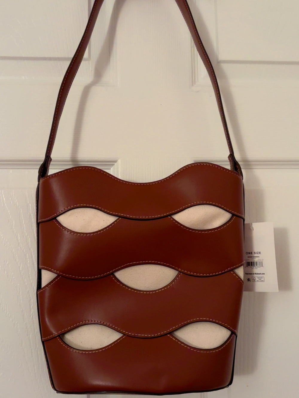 Wavy-Panel Brown Shoulder Bag with Cream Insets